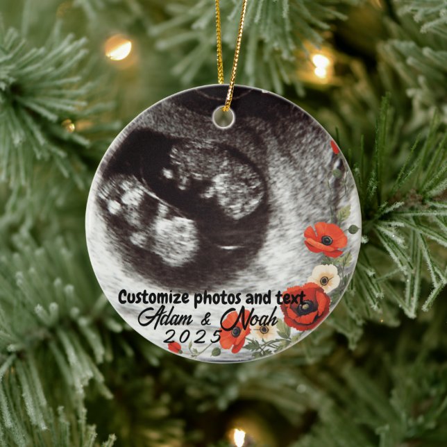 Two Photo Custom Text Red Poppies Free Palestine Ceramic Ornament (Tree)