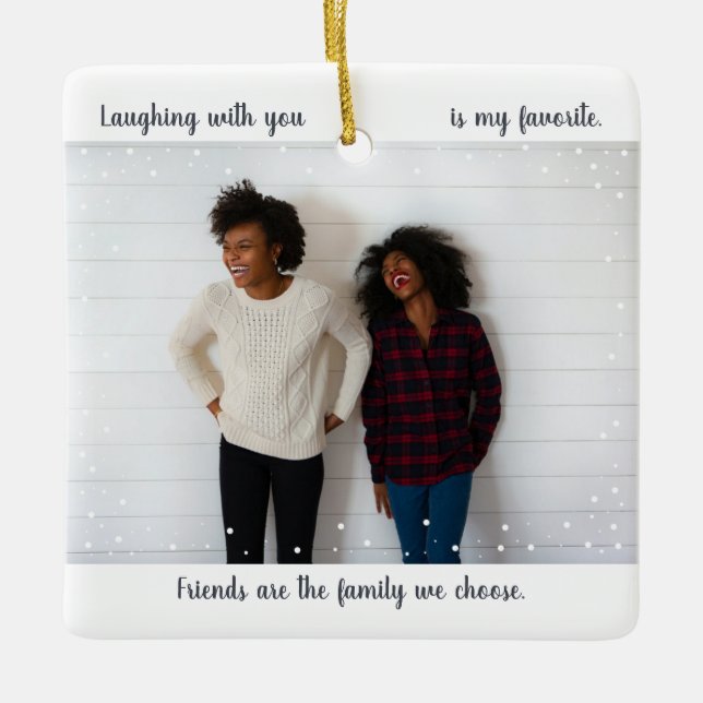 Two Photo Cute Script Best Friend Snowfall Holiday Ceramic Ornament (Front)