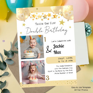 Two Photo Double Birthday Gold Balloons Party Invitation