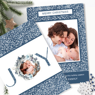 Two Photo, Elegant Blue and Gray Swirl Pattern Holiday Card