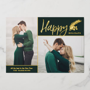 Two Photo Elegant Happy Holidays Green Foil Holiday Card