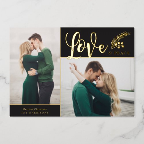 Two Photo Elegant Love and Peace  Black Foil Holiday Card
