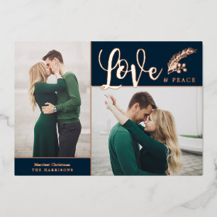 Two Photo Elegant Love and Peace Navy Blue Foil Holiday Card
