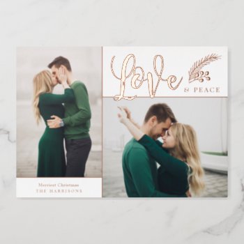 Two Photo Elegant Love And Peace | White Foil Holiday Card by Orabella at Zazzle