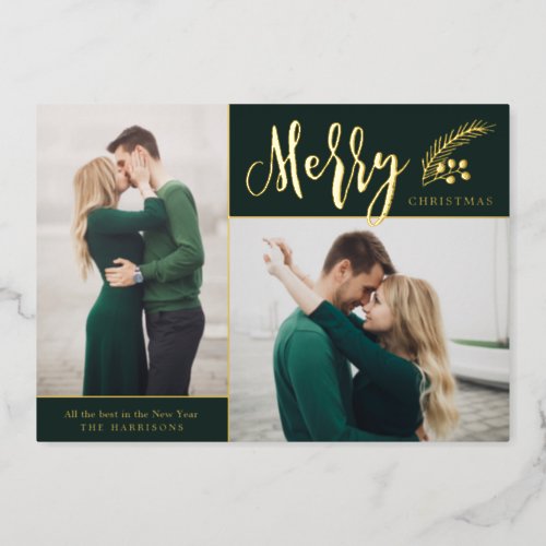 Two Photo Elegant Merry Christmas  Green Foil Holiday Card