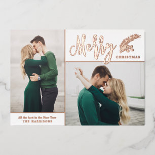Two Photo Elegant Merry Christmas White Foil Holiday Card
