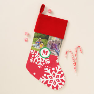 Two Photo Family Snow Script Classic Snowflake Christmas Stocking
