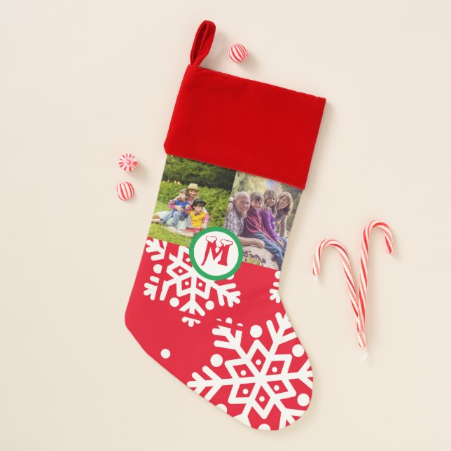 Two Photo Family Snow Script Classic Snowflake Christmas Stocking (Front)