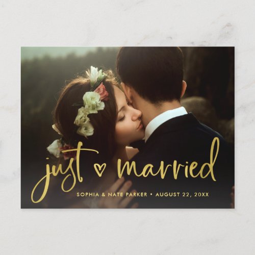 Two Photo  Faux Gold Heart Just Married Announcement Postcard