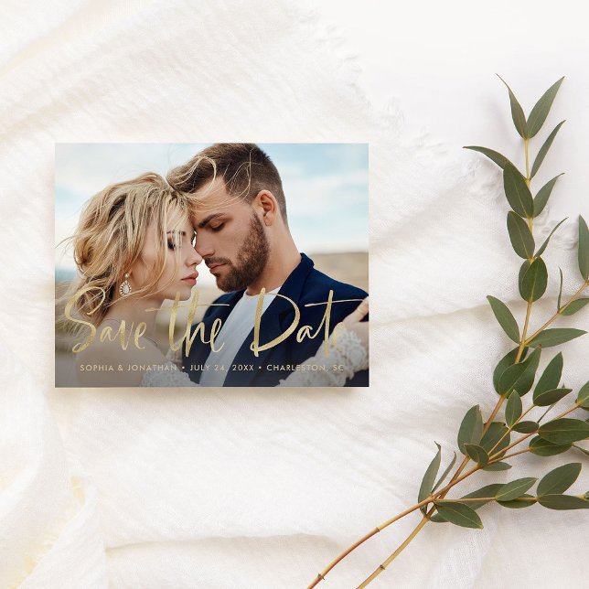 Two Photo | Faux Gold Modern Script Save the Date Announcement Postcard (Creator Uploaded)