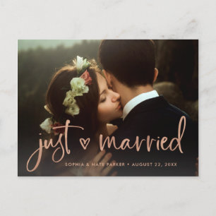 Two Photo Faux Rose Gold Heart Just Married Announcement Postcard