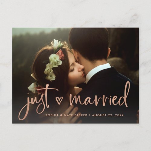 Two Photo  Faux Rose Gold Heart Just Married Announcement Postcard