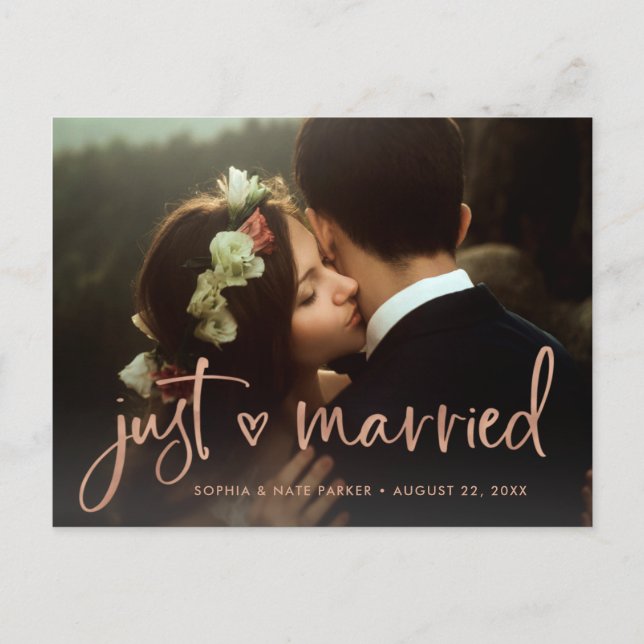 Two Photo | Faux Rose Gold Heart Just Married Announcement Postcard (Front)