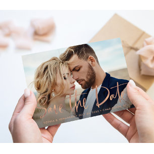 Two Photo Faux Rose Gold Script Save the Date Announcement Postcard