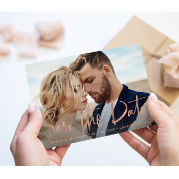 Two Photo | Faux Rose Gold Script Save The Date Announcement Postcard by Customize_My_Wedding at Zazzle