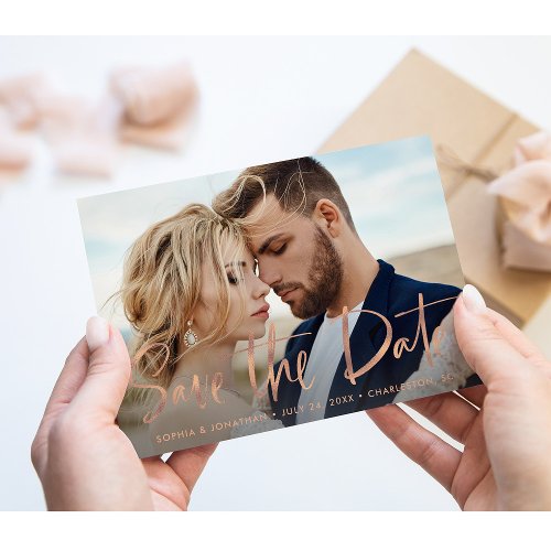 Two Photo  Faux Rose Gold Script Save the Date Announcement Postcard