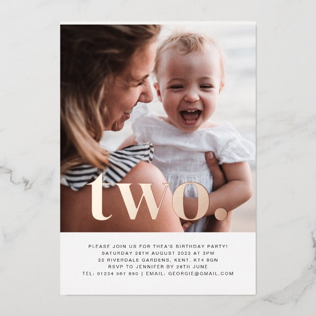Two Photo First Birthday Rose Gold Foil Invitation (Front)