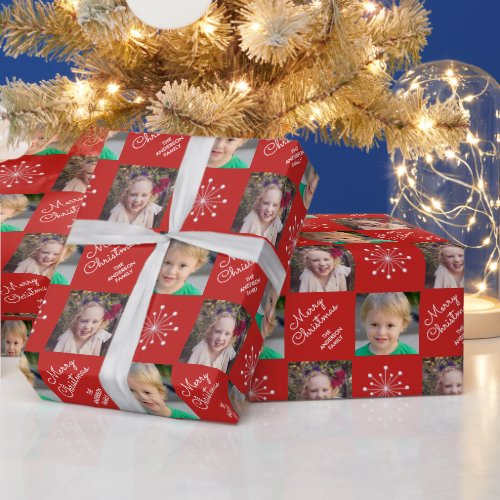 Two Photo Frame Snowflake Red Merry Christmas Wrapping Paper