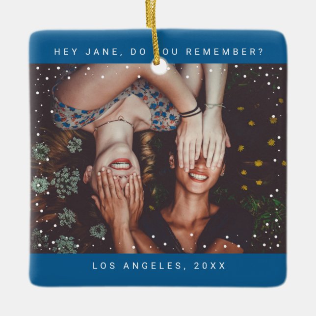 Two Photo Friend Minimalist Holiday Keepsake Ceramic Ornament (Front)