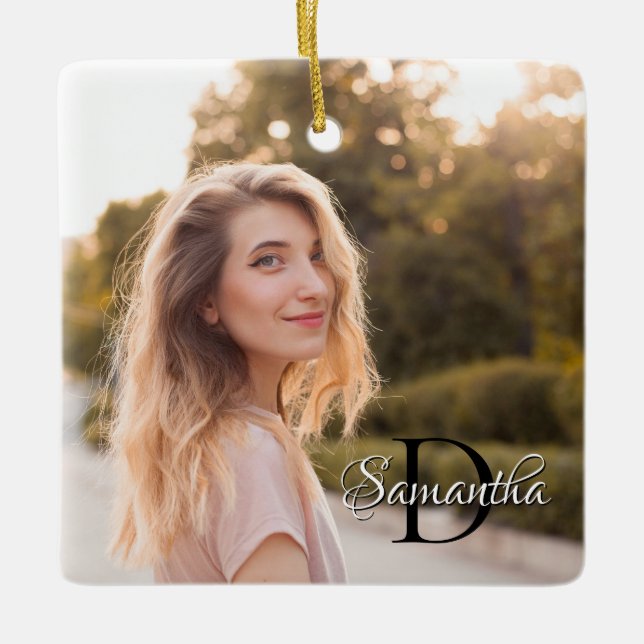 Two Photo Girly Chic Monogram Ceramic Ornament (Front)
