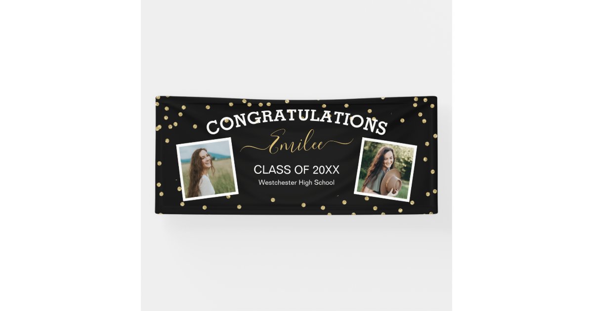 Two Photo Glitter Black Congratulations Graduation Banner | Zazzle