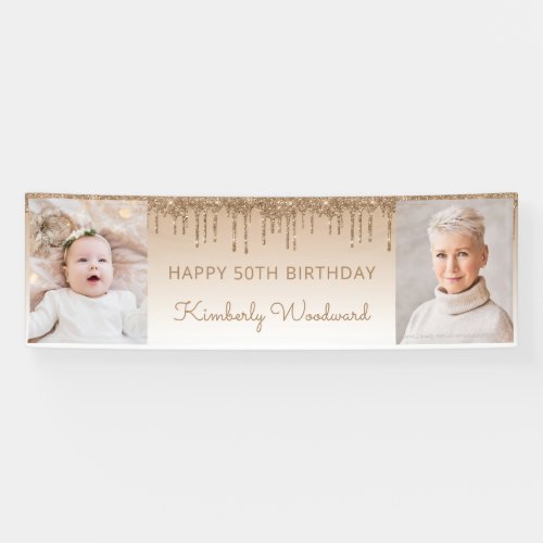 Two Photo Gold Dripping Glitter 50th Birthday Banner