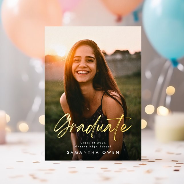 Two Photo Graduate Party Gold Brush Custom Foil Invitation (Creator Uploaded)