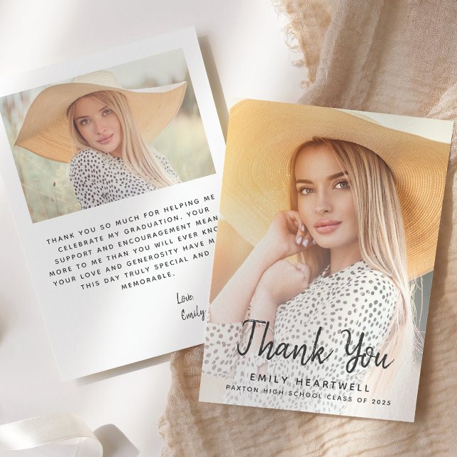 Two-Photo Gray Script Graduation Thank You Card (Creator Uploaded)