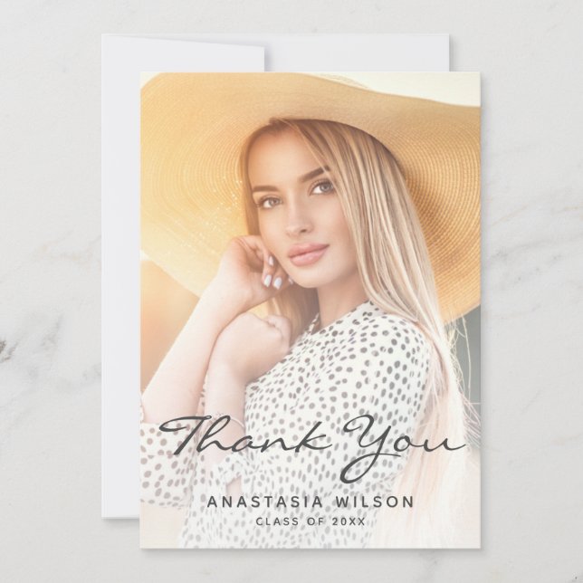 Two-Photo Gray Script Graduation Thank You Card (Front)