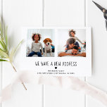 Two Photo Handwritten Text | Moving Announcement Postcard<br><div class="desc">This simple and stylish black and white moving announcement postcard says "we have a new address" in trendy, handwritten black text with a matching heart and a spot for your name and address. There is also room to show off two of your favorite personal photos for a modern way to...</div>