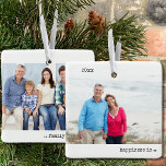 Two Photo Happiness is Family Christmas Minimalist Ceramic Ornament<br><div class="desc">Minimalist ornament with your custom photos and modern typewriter style typography. The design is double-sided and the template is set up ready for you to add your full size photos to the front and back. The year and the wording are fully editable - sample wording reads "happiness is family Christmas"....</div>