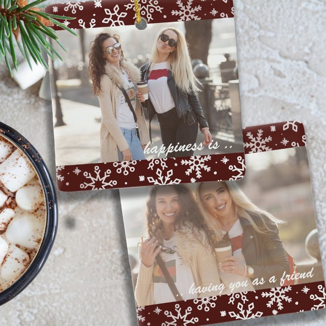 Two Photo Happiness is You as Friend Red Snowflake Ceramic Ornament (Creator Uploaded)
