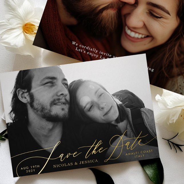 Two Photo La Dolce Vita Gold Save The Date Foil Invitation (Creator Uploaded)