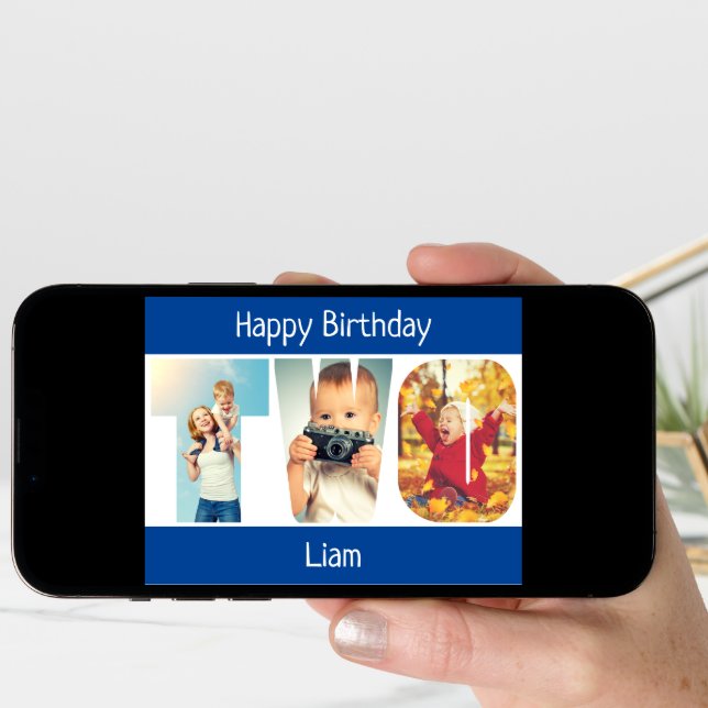 TWO Photo Letters Blue Boys 2nd Birthday Card (Front Digital)
