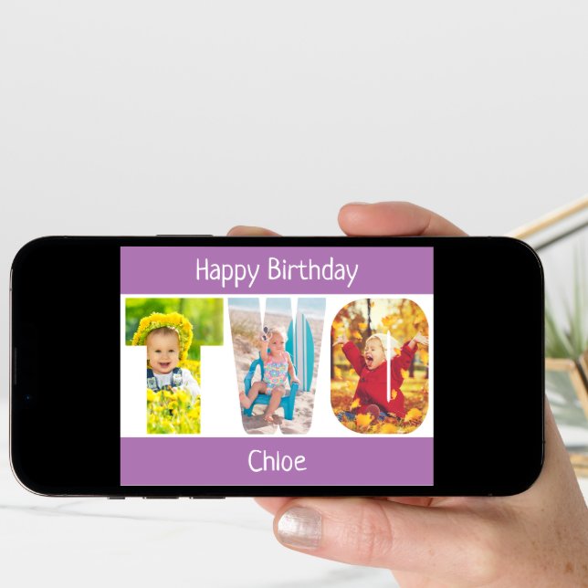 TWO Photo Letters Girls 2nd Birthday Card (Front Digital)