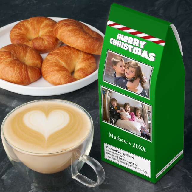 Two Photo Merry Christmas Family Name Green Roasted Coffee (Breakfast)