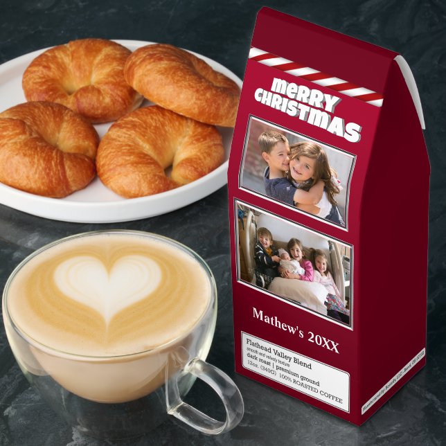 Two Photo Merry Christmas Family Name Red Roasted Coffee (Breakfast)
