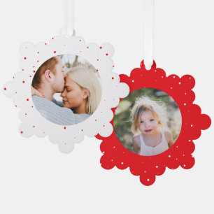 Two Photo Minimal Family Snowfall Holiday Red Ornament Card