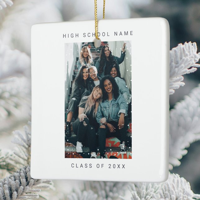 Two Photo Minimalist Snowfall School College Ceramic Ornament (custom christmas photo ceramic ornament)