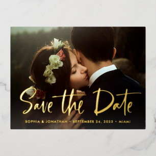 Two Photo   Modern Script Save the Date Gold Foil Invitation Postcard