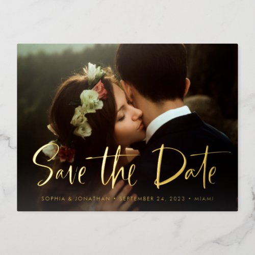 Two Photo  Modern Script Save the Date Gold Foil Invitation Postcard