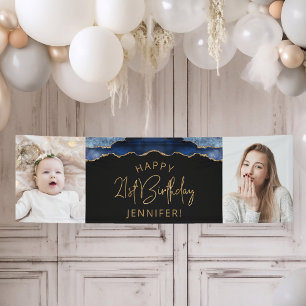 Two Photo Navy Blue Gold Agate 21st Birthday Banner