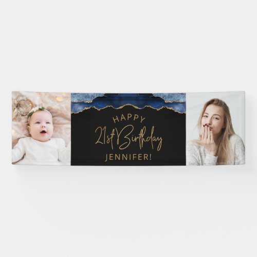 Two Photo Navy Blue Gold Agate 21st Birthday Banner