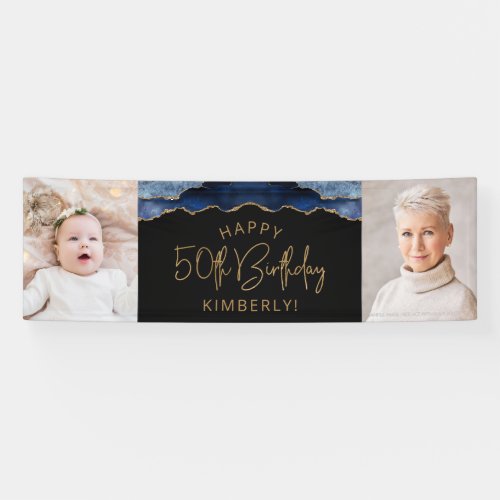Two Photo Navy Blue Gold Agate 50th Birthday Banner