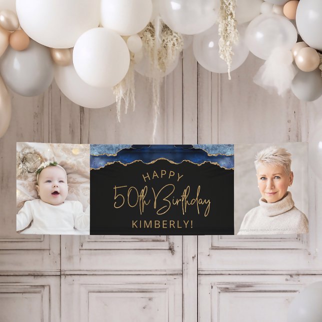 Two Photo Navy Blue Gold Agate 50th Birthday Banner (Creator Uploaded)