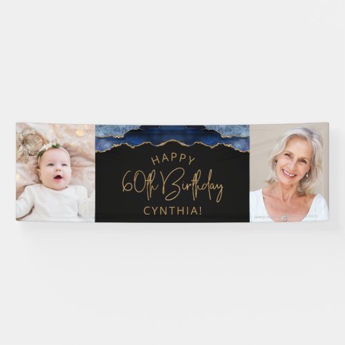 Two Photo Navy Blue Gold Agate 60th Birthday Banner