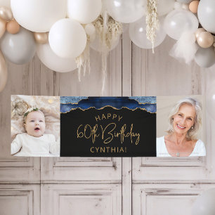 Two Photo Navy Blue Gold Agate 60th Birthday Banner
