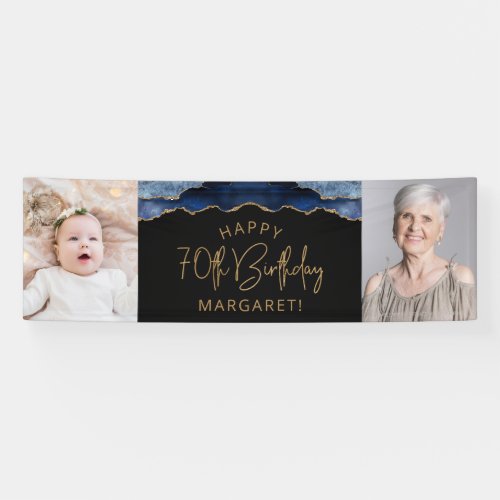 Two Photo Navy Blue Gold Agate 70th Birthday Banner