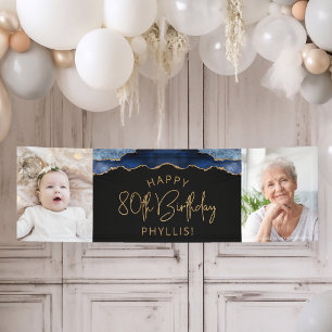 Two Photo Navy Blue Gold Agate 80th Birthday Banner
