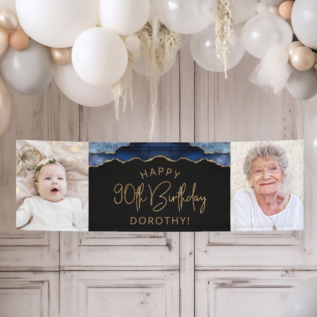 Two Photo Navy Blue Gold Agate 90th Birthday Banner (Creator Uploaded)